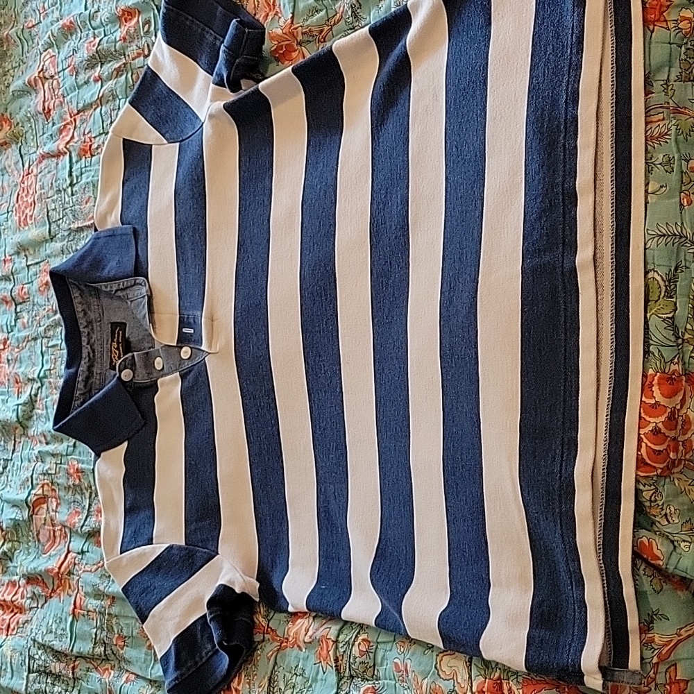 VTG Vintage LL Bean Men's Polo Rugby Stripe Shirt Size Medium Navy/White Stripe